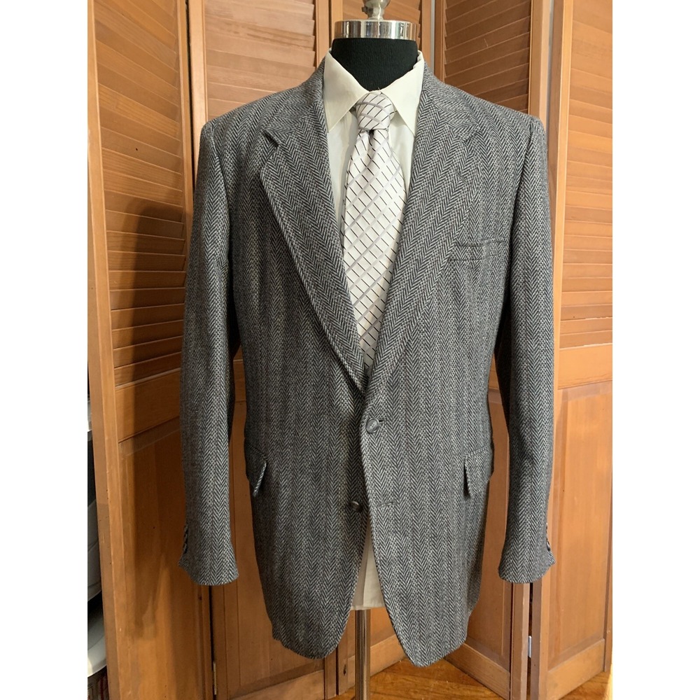 Vtg 70s The Mens Store Sports Coat 46L Wool Blend Herringbone Gray W Red Stripe